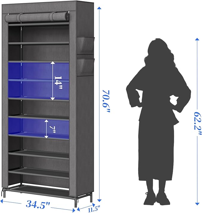 Simple Trending Tall Shoe Rack Organizer Holds 40 Pairs, 10 Tier Large Capacity Shoe Cabinet Storage with Cover for Closet, Black