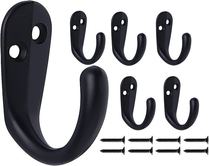 Coat Hooks Black, 6 Pack Small Antique Jacket Hooks Heavy Duty Single Wall Hook with Screws for Entryway Bedroom Bathroom Kitchen Garage Toilet Office Shop