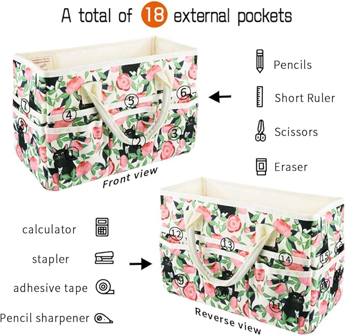 E-WEICHEN Craft Organizer Tote Bag Art Storage Caddy with Multiple Pockets Containers for Art,Craft,and Office Supplies Storage.Rose Cat