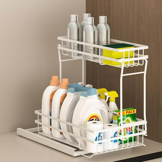 1 Pack Under Sink Organizers and Storage, 2 Tier Pull Out Cabinet Organizer, Metal Sliding Drawer Storage for Kitchen Bathroom，White