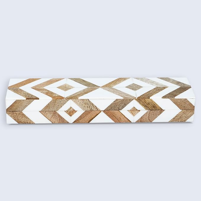 Handicrafts Home White Decorative Box with Lid–Marquet Resin Inlay & Wood Decorative Boxes for Home Decor, Decor, Storage Box for Jewellery & Keys White Brown Neutral Decorative Storage Box-10x2.5x1.5