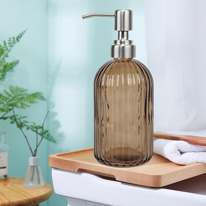14Oz Brown Soap Dispenser Bathroom - 2 Pack, Clear Glass Hand Soap Dispensers with Stainless Steel Pump, Refillable Dish Soap Dispenser for Kitchen, Countertop Soap Dispensers