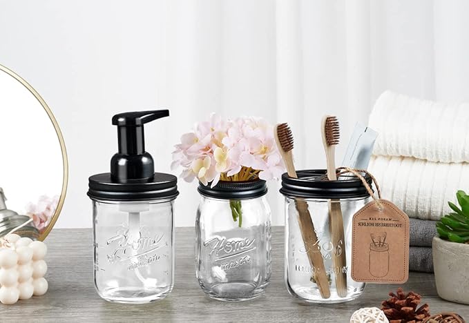 SheeChung Mason Jar Foaming Soap Dispenser, Glass Foaming Hand Soap Dispensers, Stainless Steel Lid, Refillable Foam Soap Dispenser for Bathroom Kitchen, Farmhouse Bathroom Decor (1 Pack, Black)