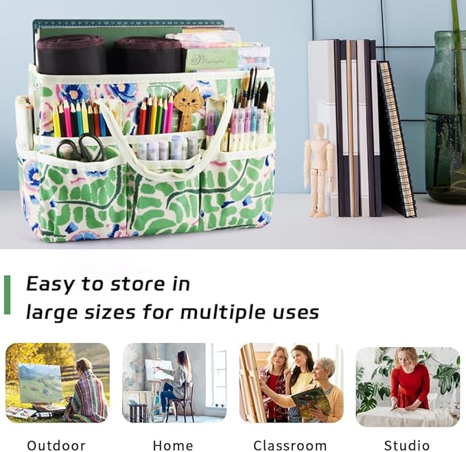 E-WEICHEN Craft Organizer Tote Bag Art Storage Caddy with Multiple Pockets Containers for Art,Craft,and Office Supplies Storage.Green Leaves Flower