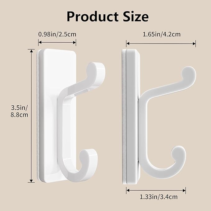 White Self Adhesive Wall Hooks - 4 Pack Sticky Hangers Wall Mount, Holds 13Lbs for Clothes, Towel, Robes, Keys, Double Hooks for Bathroom, Bedroom and Door.