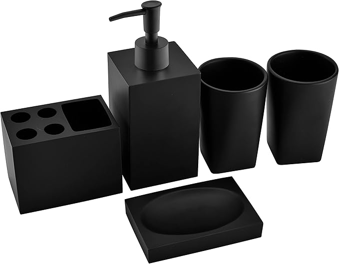 5-Piece Matte Black Bathroom Accessory Set - Modern Design Set with Soap Dispenser, 2 Tumbler Cups, Soap Dish & Toothbrush Holder