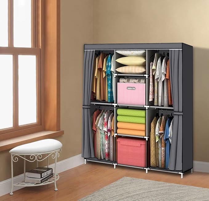 YOUUD Portable Closet 50 Inch Wardrobe for Hanging Clothes with Non-Woven Fabric Cover, 4 Hang Rods and 4 Storage Organizer Shelves, Black, Quick and Easy Assembly