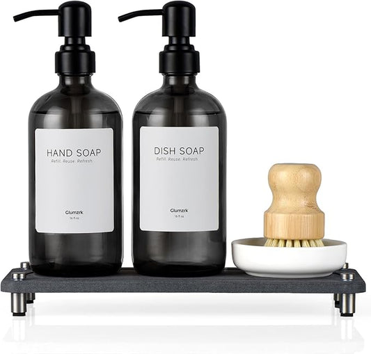 2 Pack Kitchen Soap Dispenser Set - 16oz Black Glass Dish and Hand Soap Dispenser with Stainless Steel Pump, Instant Dry Tray, Dish Brush & Holder, Refillable Countertop Sink Decor for Kitchen & Bath