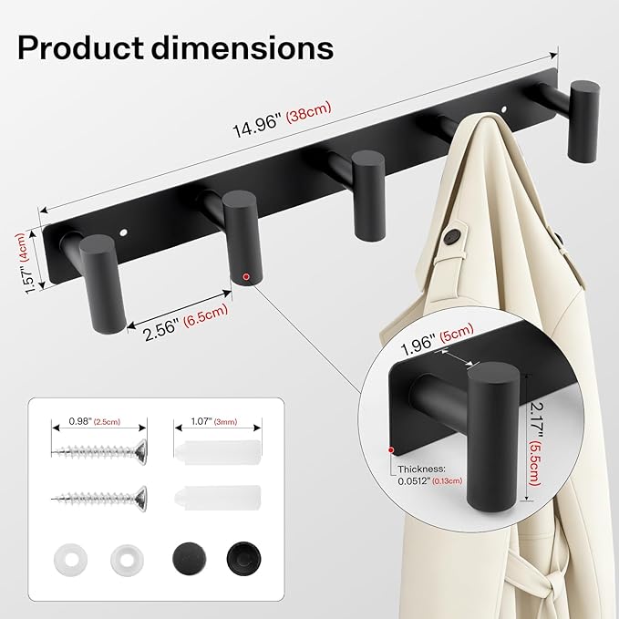 Black Wall Mounted Coat Rack – 5 T-Shaped Towel Rack for Hats, Bags & Towels, Stainless Steel Heavy-Duty Coat Hanger Towel Hooks for Entryway, Bathroom, Closet, Bedroom