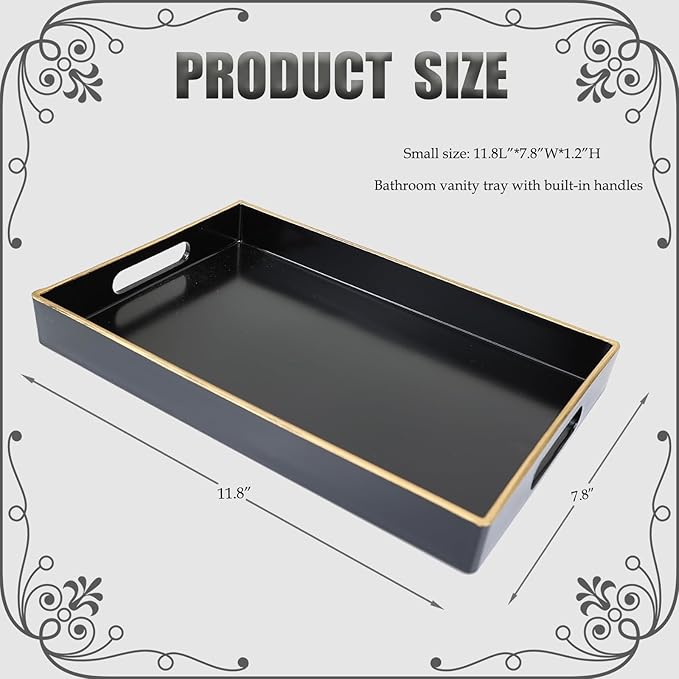 Spsyrine Black Bathroom Vanity Tray with Handles for Dresser Tops, Countertop, Perfume Decorative Tray, 11.8â * 7.87â *1.37â