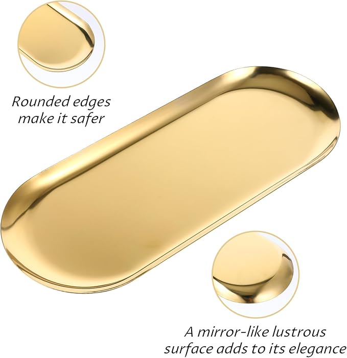 4 Pack Gold Stainless Steel Decorative Trays, 12 Inch Oval Jewelry Dish Cosmetics Organizer Bathroom Clutter Serving Platter Small Storage Tray