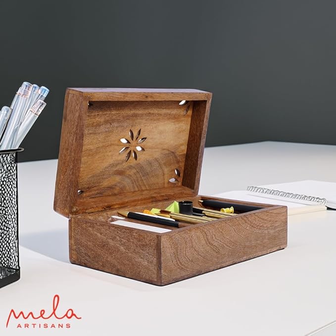 Mela Artisans Wooden Keepsake Box | Light Burnt Mango Wood Memory box | Photo Storage Box with Hinged Lid | Decorative Storage Box | Extra Large | 10.5x7.5x4 Inch