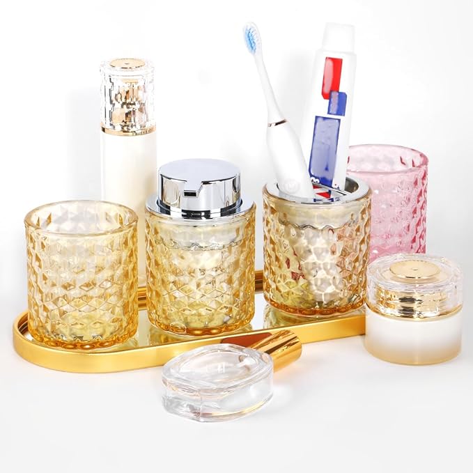 Bathroom Accessories Set, 3pcs Amber Glass Bathroom Accessory Set, Toothbrush Holder, Foaming Soap Dispenser and Tumbler, Silver Bathroom Decor Sets for Organizer, Home Apartment Gift