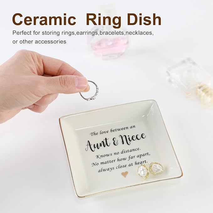 HOME SMILE Aunt Gifts from Niece, Aunt and Niece Gifts, Ring Dish Jewelry Tray for Aunts Birthday, Mothers Day, Valentineâs Day, Thanksgiving, Xmas-The Love Between Anut & Niece Knows No Dsitance