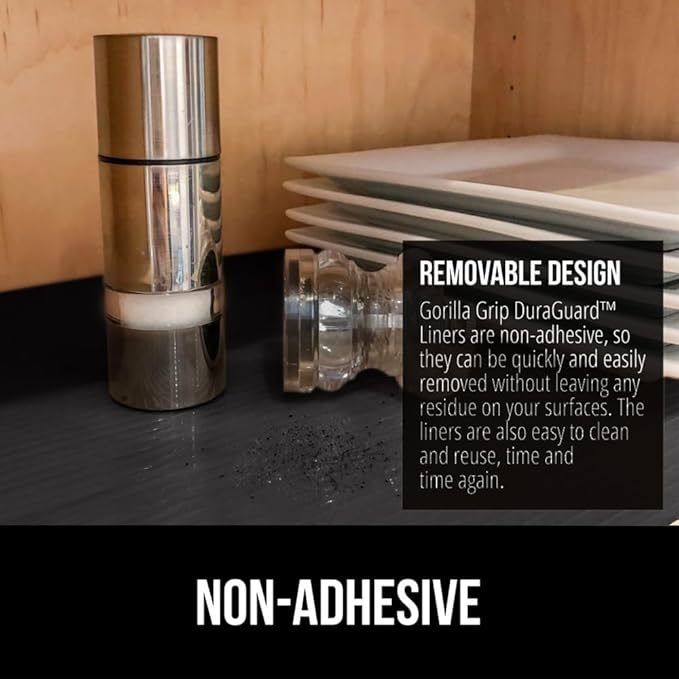 GORILLA GRIP DuraGuard Shelf Liner, Non-Adhesive Cabinet Liners for Kitchen Drawers, Shelves, Refrigerator, Pantry Storage, Bathroom Closet, Durable Waterproof BPA Free Ribbed Plastic, 17.5x10 Black