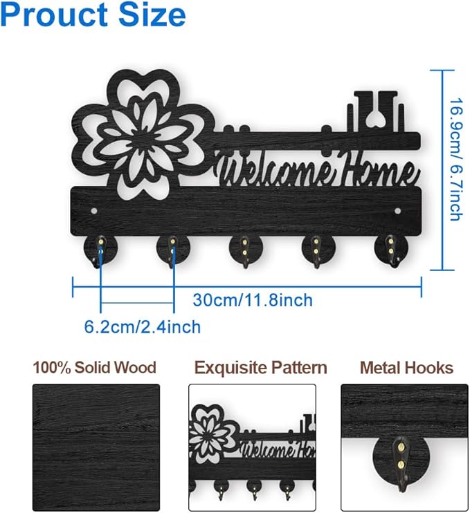 MAYJOYDIY Vintage Flower Key Holder for Wall 11.8×6.7inch Decorative Welcome Home Key Hooks 5 Alloy Hooks Key Hanger for Entryway Hallway Gift