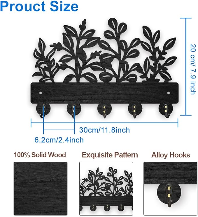 MAYJOYDIY Wooden Leaf Pattern Key Hook Wall Mounted Nature Plant Themed Key Holder for Wall 11.8×7.8 inch Black Art Key Hanger Rack with 5 Alloy Hooks for Entryway Bedroom Living Room Home Decor
