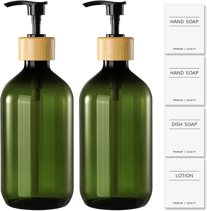 Green Soap Dispenser, Plastic Bathroom Soap and Lotion Dispenser Set with Bamboo Pump, 2 Pack 17 Fl Oz Hand and Dish Soap Dispensers Set for Bathroom, Refillable Liquid Soap Bottles