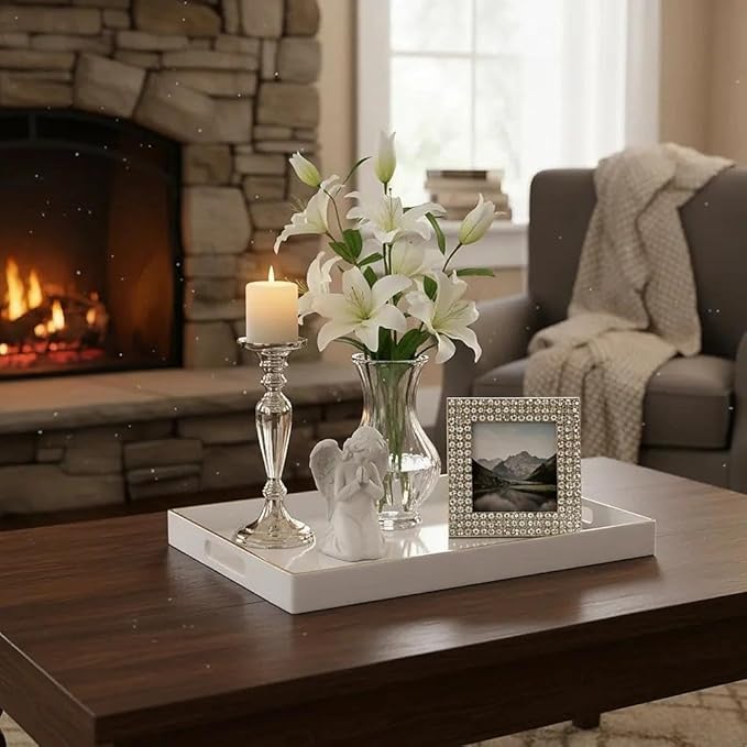 Zosenley Decorative Tray, Rectangular Plastic Tray with Handles, Modern Vanity Tray and Serving Tray for Bathroom, Kitchen, Ottoman and Coffee Table, 15.6â x 10.2â (White)