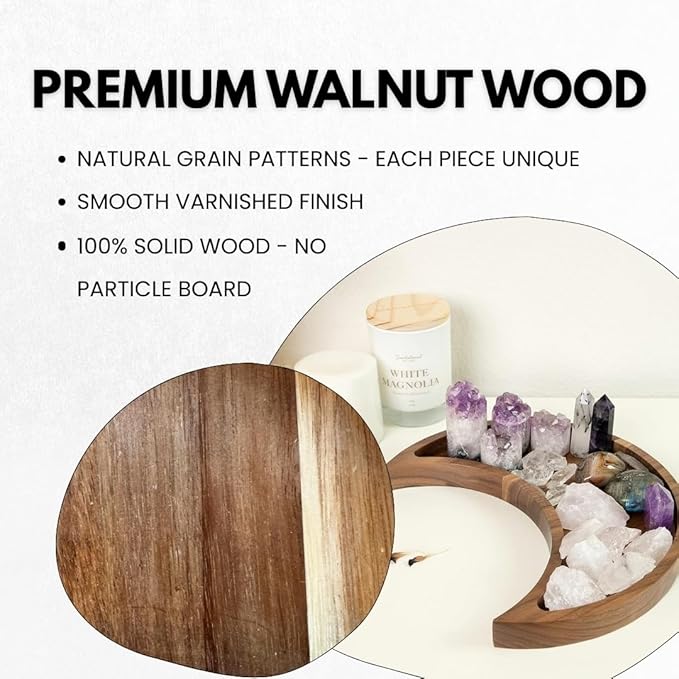 Walnut Moon Crystal Display Tray - Gothic Wooden Altar Tray 9.5" x 4.5" for Crystals and Stones Storage - Solid Wood Jewelry Organizer Dish - Spiritual Decor