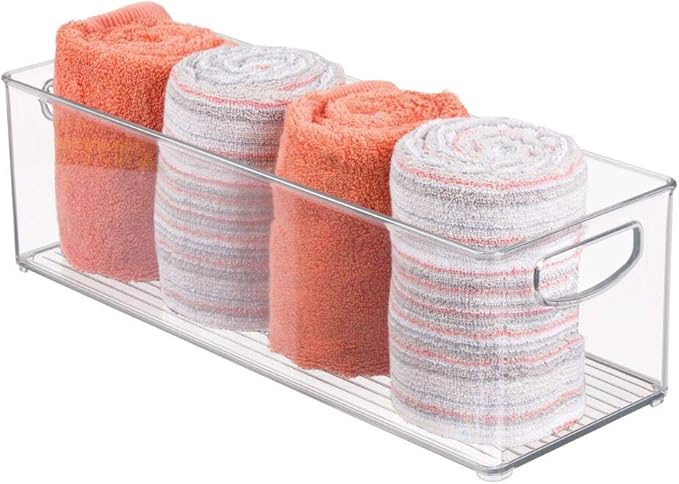 mDesign Plastic Bathroom Storage Container Bins w/ Handles - Closet, Cabinet, Vanity, Cupboard Shelf Organization, Hair Tools Accessory Organizer - Ligne Collection; Clear, 16x6x5 (Pack of 4)