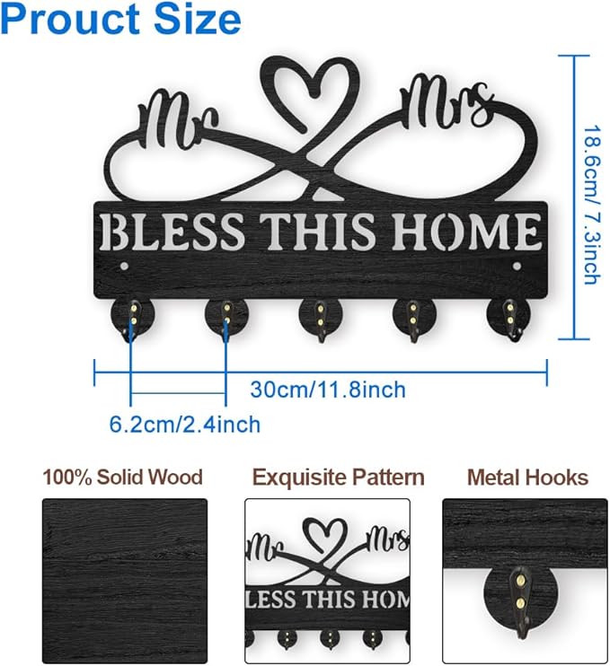 MAYJOYDIY Mr Mrs Coat Rack Wall Mount 11.8×7.3inch Wood Family Key Holder for Wall Bless This Home Love Heart Key Hanger 5 Alloy Hooks Wall Key Hooks Rack Art Decor Gift for Living Room Door Hallway