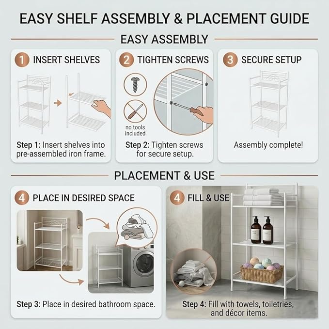 Bath Bliss 3 Tier Freestanding Bathroom Storage Shelf, White Metal Organizer Rack | Rust Resistant Space Saving Bathroom Stand | Toilet Paper Towel Holder | Bathroom Organizer for Small Spaces