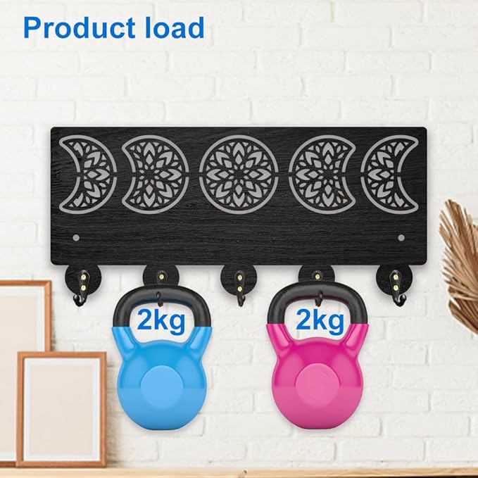 MAYJOYDIY Mandala Moon Phase Key Holder for Wall 11.8x5.3inch Floral Moon Wood Key Rack Hooks with 5 Alloy Hooks for Entryway Front Door Kitchen Office Decor