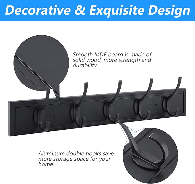 HOME MASTER HARDWARE Coat Rack Wall Mount Black, MDF Wall Mounted Coat Hooks for Hanging Coats, 27" Decorative Hat Rack for Wall with 5 Hooks