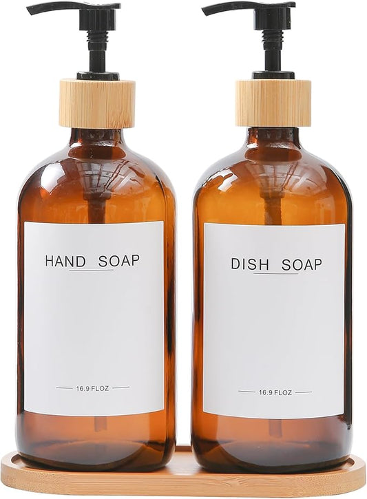 Amber Glass Soap Dispenser with Bamboo Pumps&Tray&Labels, Hand Dispenser, Lotion Dispenser, Dish Soap Dispenser for Kitchen Sink. (Amber)