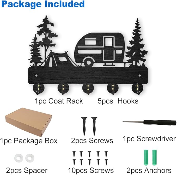 MAYJOYDIY Camping Wall Mount Coat Rack 11.8×8inch Wooden Camping Car Key Holder for Wall Outdoor Key Rack Hanger Forest Tree Key Hook 5 Alloy Hooks for Camping Decor Accessories Travel Trailers Gift