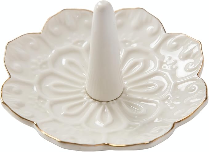 HOMEGOAL Ceramic Ring Holder Dish for Jewelry, Decorative Mandala Jewelry Tray for Rings Earrings Necklaces Watch Keys, Aesthetic Room Decor, Birthday Engagement Wedding Gifts for Women (White)