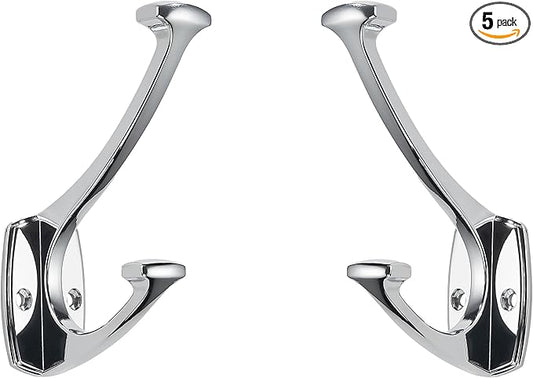 5 Pack Polished Chrome Hooks Decorative Heavy Duty Solid Large Coat Hooks for Towel Hanging Coats Robe Wall Mounted Towel Bags Door Back Bathroom Wall Hook.