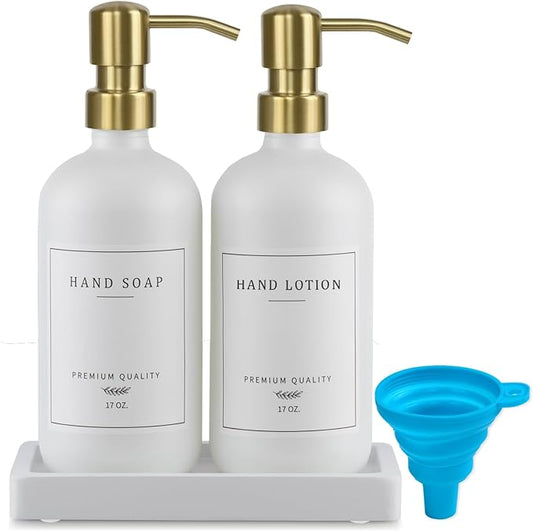 Thick Glass Soap Dispenser - Kitchen Dish Hand Soap Dispenser Set,Rustproof Pump Soap Lotion Dispenser Bathroom with Tray,14 Stickers for Kitchen Decor White Bottle/Gold Pump
