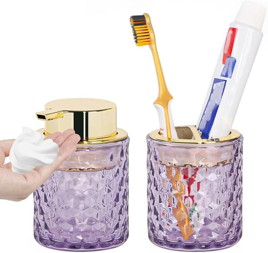 Bathroom Accessories 2 Piece Set Glass Soap Dispenser and Toothbrush Holder, 10oz Foaming Soap Dispenser, Purple Toothbrush and Toothpaste Holder Organizer Cup for Modern Bathroom Decor