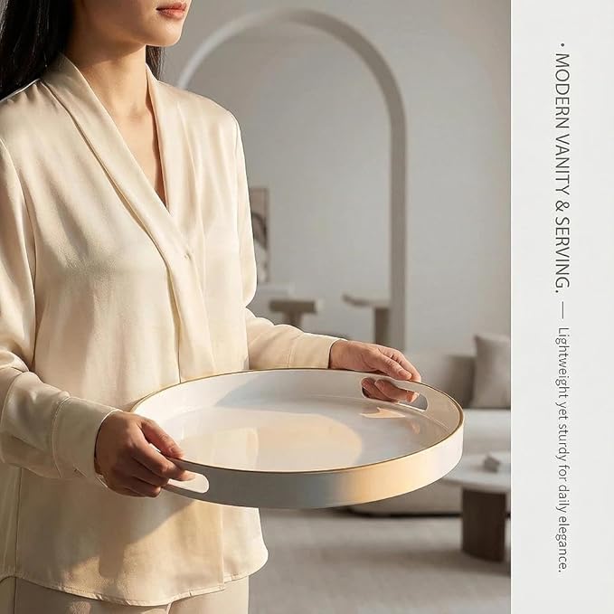 Zosenley Decorative Tray, Round Plastic Tray with Handles, Modern Vanity Tray and Serving Tray for Ottoman, Coffee Table, Kitchen and Bathroom, Size 13â (White)