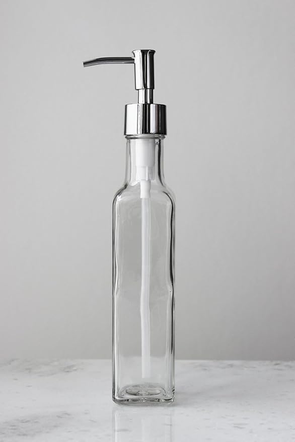 Rail19 French Vessel Glass Soap Dispenser with Metal Pump - Refillable Hand Soap, Lotion & Sanitizer for Sinks and Small Countertops, 8.5oz (Chrome Rustic)