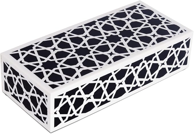 Handicrafts Home Decorative Storage Box with Lid– Black and White Box, Coffee Table Remote Control Organizer, Geometric Keepsake Box for Living Room, Shelf & Hallway Decor – Moroccan Zellij 10x4.5x2.5