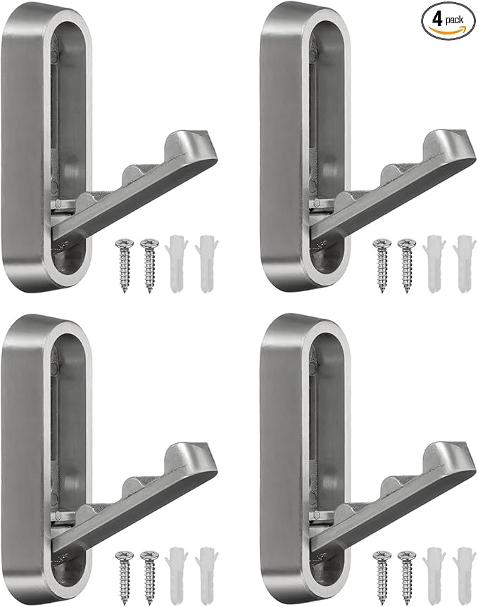 uxcell 4Pcs Foldable Wall Hooks, Aluminum Alloy Heavy Duty Wall Mounted Folding Coat Hooks with Mounting Accessories Space-Saving for Hanging Coat Towels Hat Bags, Oval, Pearl Gray