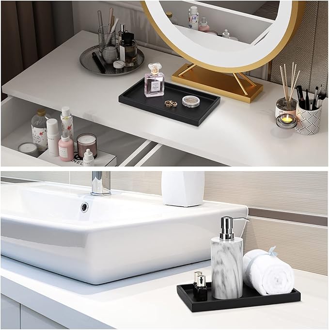 Emibele Black Tray for Bathroom, Resin Countertop Vanity Tray Jewelry Storage Dresser Tray Kitchen Toilet Tank Tray Organizer for Candle Plant Perfume Shampoo Towel Home Decor, Medium, Matte Black