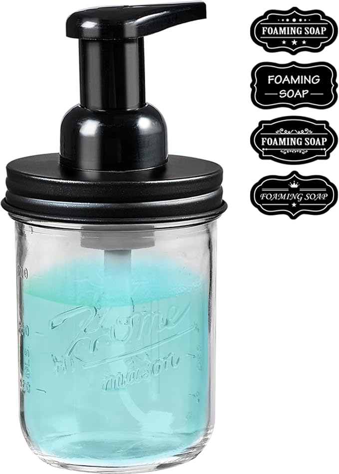 SheeChung Mason Jar Foaming Soap Dispenser, Glass Foaming Hand Soap Dispensers, Stainless Steel Lid, Refillable Foam Soap Dispenser for Bathroom Kitchen, Farmhouse Bathroom Decor (1 Pack, Black)