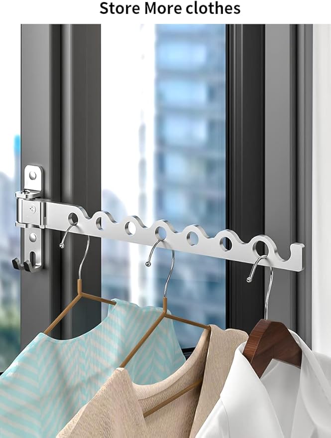 Dr.DJ Wall Mount Coat Hanger Holder Silver Clothes Drying Organizer Rack Garment Hooks Aluminium Retractable Folding Indoor Wall Mounted Hanger Space Saver for Laundry Room Bedroom (2 Racks) Silver