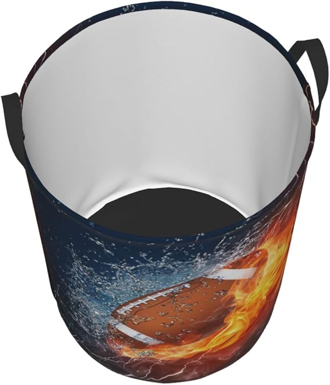 American Football Ball In Fire And Water Round Laundry Hamper Sport Rugby Storage Basket Toys Clothes Organizer Bin For Home Bathroom Bedroom Dorm Nursery, 62l