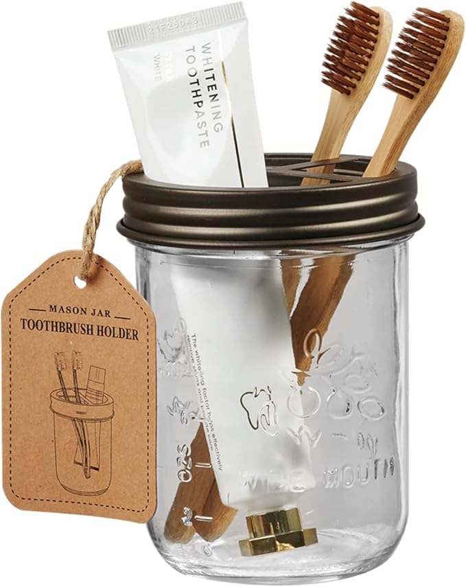 Amolliar Mason Jar Bathroom Accessories Set 4 Pack - Foaming Soap Dispenser&2 Qtip Holders&Toothbrush Holder-Rustic Farmhouse Decor Bathroom Organizer Apothecary Jar Country Countertop (Bronze)