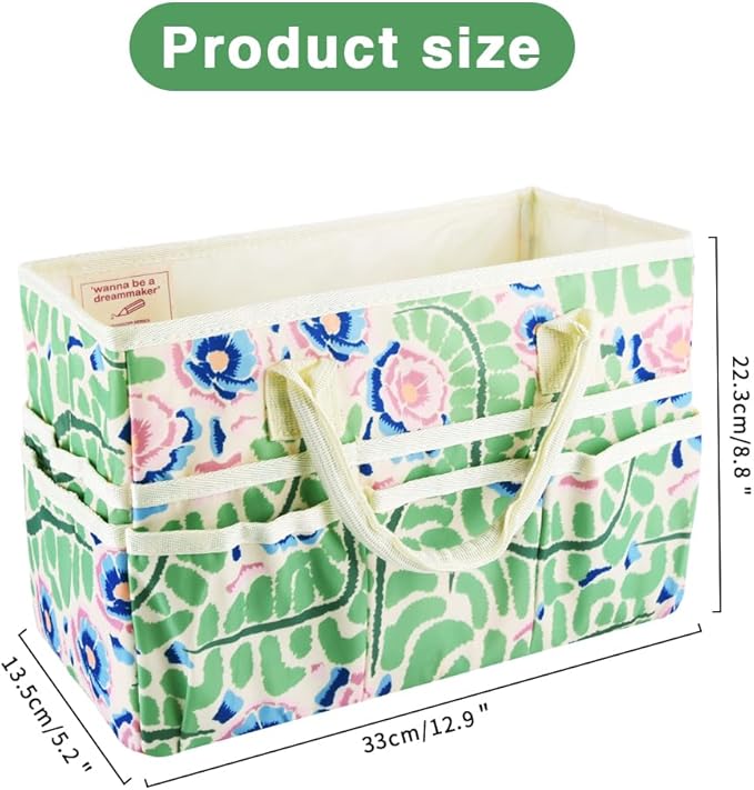 E-WEICHEN Craft Organizer Tote Bag Art Storage Caddy with Multiple Pockets Containers for Art,Craft,and Office Supplies Storage.Green Leaves Flower