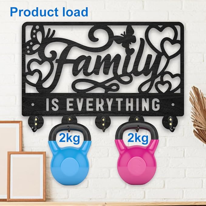 MAYJOYDIY Family is Everything Wood Key Holder for Wall 11.8x7.8inch Butterfly Heart Wall Mounted Key Hooks Coat Hanger Rack with 5 Alloy Hooks for Gift Entryway Front Door Kitchen Office Decor