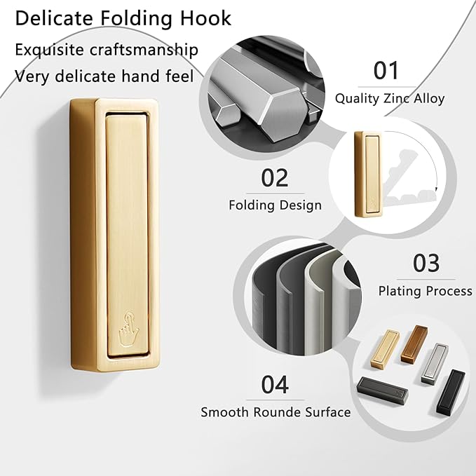 4Pcs Folding Wall Hooks, Folding Gold Hooks with Fixing Accessories, Folding Coat Hooks for Hanging Clothes, Keys, Towels (Gold)
