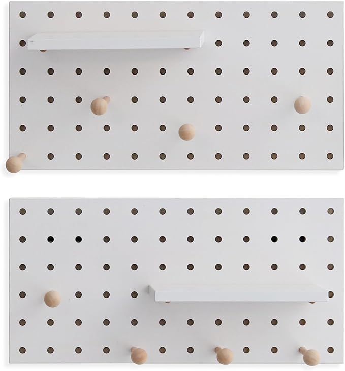 Wooden Pegboard Accessories Set: Modular Wall Hooks & Shelf for Garage, Office & Home Organization(White Colored Finish-B)