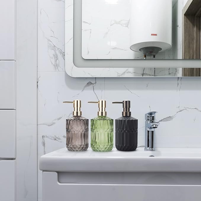 Glass Soap Dispenser 12oz/390ml for Bathroom Kitchen - Hand Soap/Lotion Dispenser with ABS Plastic Pump (Green)