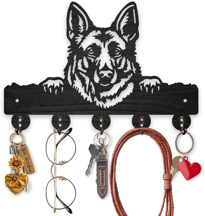 MAYJOYDIY German Shepherd Wood Key Holder for Wall 11.8x7.8inch Dog Animal Wall Mounted Key Hooks Coat Hanger Rack with 5 Alloy Hooks for Entryway Front Door Kitchen Office Decoration